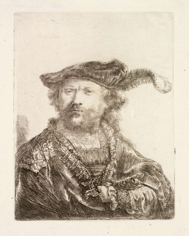 Rembrandt, Self-Portrait in a Velvet Cap with Plume — an impression of New Hollstein 170 state III held by the RISD Museum (Rhode Island School of Design), Providence. This is not the sheet this record is about.